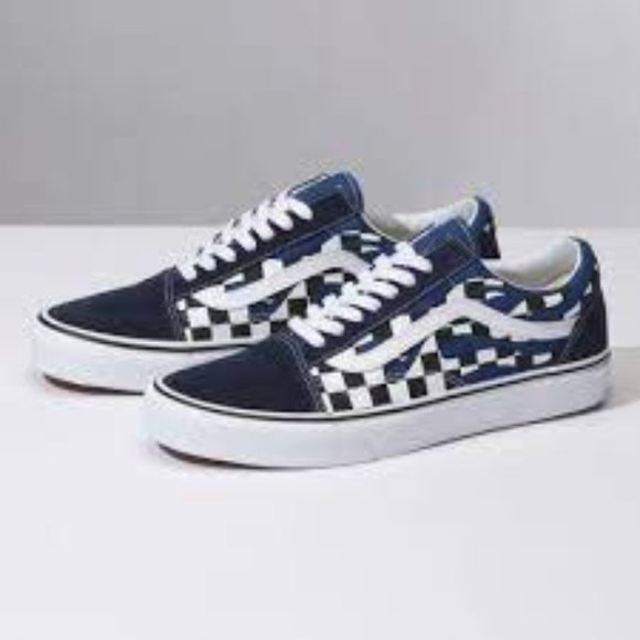 Vans Old Skool Checker Flame in Navy Blue Checker/True White Canvas Skate Shoes - Picture 12 of 16